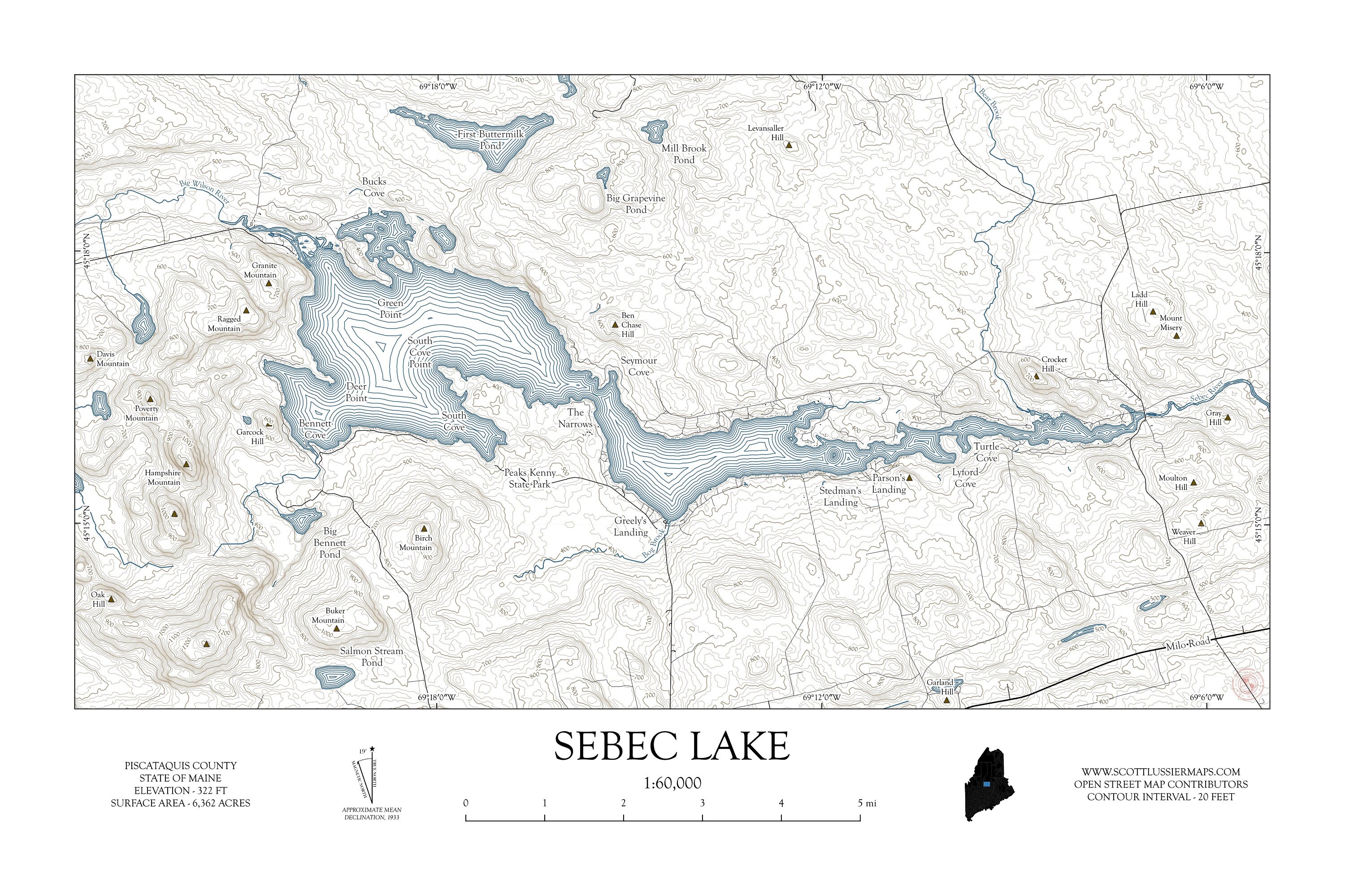 Sebec Lake Map, Sebec Lake, Maine Print