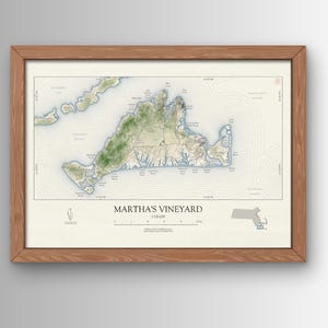 May include: Framed map print of Martha's Vineyard, Massachusetts, with detailed topography and water features. The map is in a wooden frame, showcasing the island's landscape with green and blue hues. The title "Martha's Vineyard" is displayed.