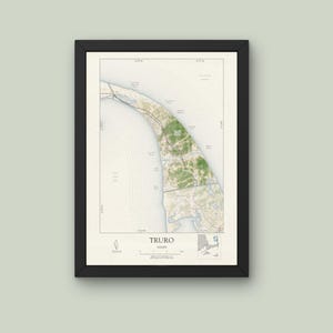 May include: A framed map of Truro, Massachusetts, with a detailed outline of the town and surrounding coastline. The map is printed in shades of brown, green, and blue, with a white background. The title "Truro" is printed in black at the bottom of the map.