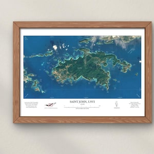 St John USVI Map Art Print Poster available in Aerial Style Hard to Buy For Gift Travel Map Wall Art