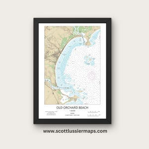 May include: A nautical chart of Old Orchard Beach, Maine, with a scale of 1:10,000. The chart shows the coastline, inlets, and depths of the water.