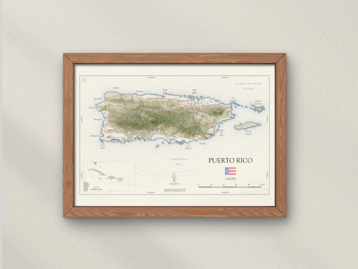 Puerto Rico Map Print: VINTAGE Style, Travel Poster Art Travel Map Wall ...