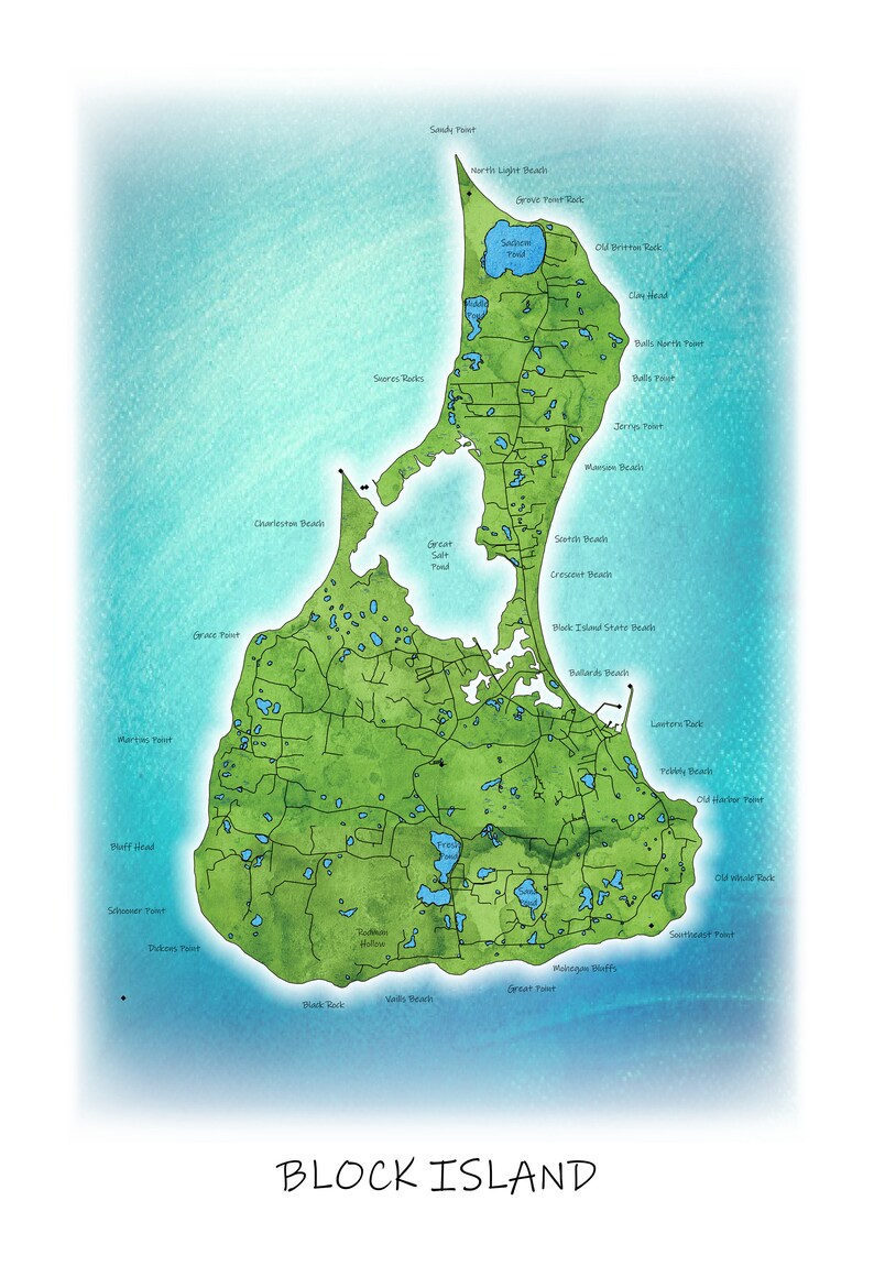 Digital Watercolor Map of Block Island Green on Blue Etsy