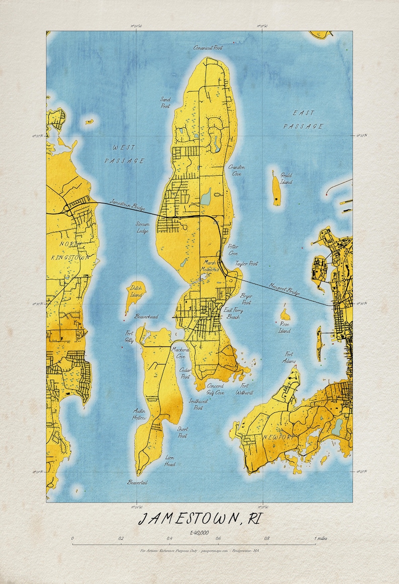 Watercolor Style Map of Jamestown RI Etsy