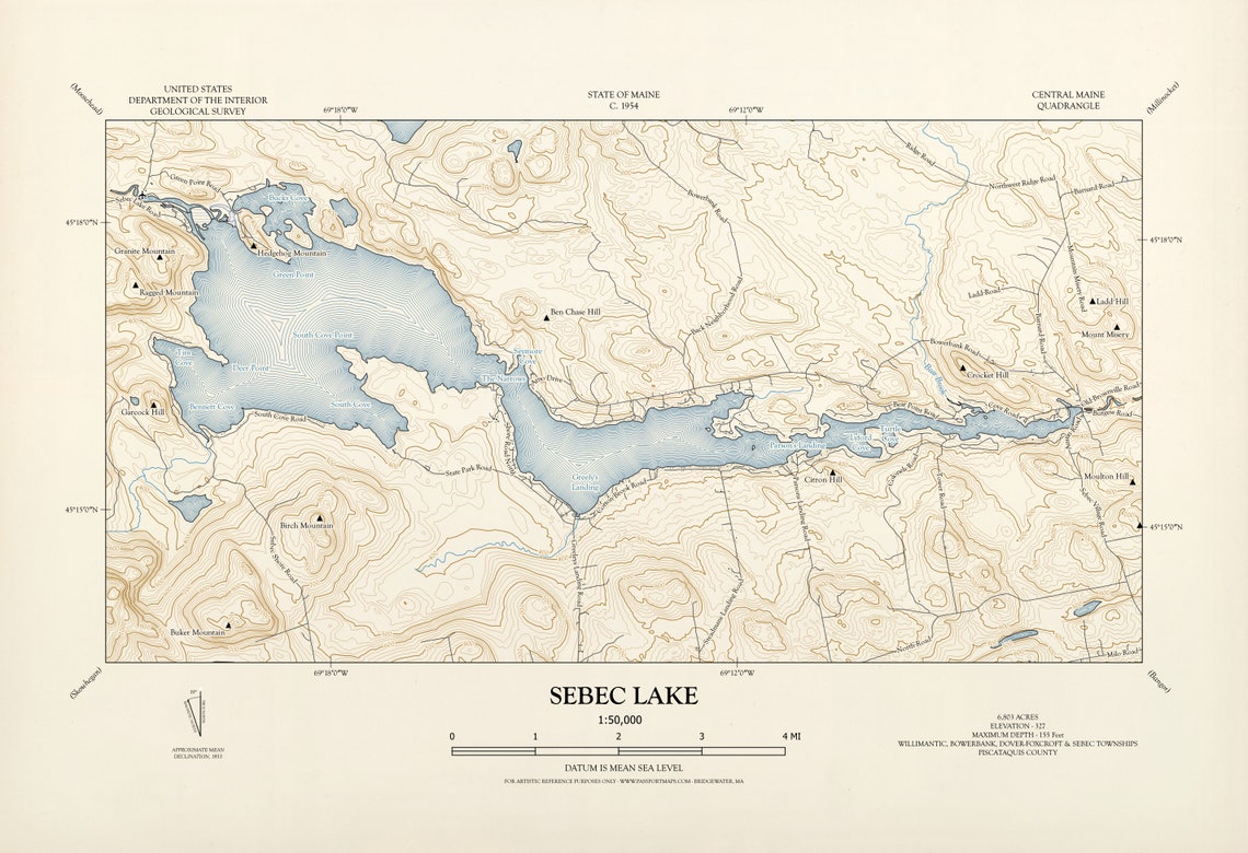 Classic Topo Map of Sebec Lake Instant Download Etsy