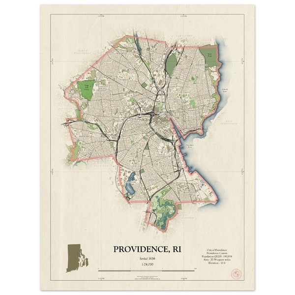 Providence, RI Map Hometown Style Framed or Unframed 18x24
