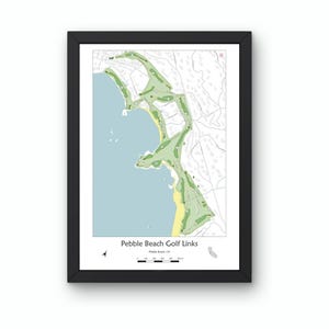 May include: Framed print of the Pebble Beach Golf Links course map. The map features a detailed layout of the course with green fairways, a light blue ocean, and a black frame. The text "Pebble Beach Golf Links" is at the bottom.