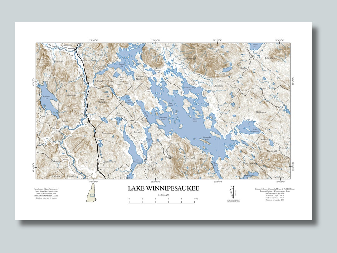 Lake Winnipesaukee Map Nautical Style Unframed Etsy