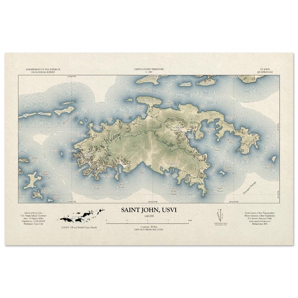 St John, USVI-kaart Saint John, USVI-kaart Vintage nautische stijl