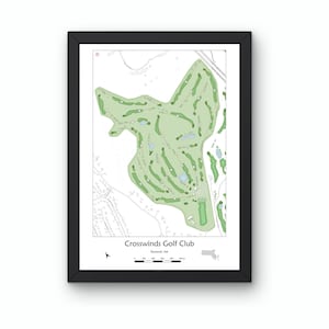May include: Framed map of Crosswinds Golf Club in Plymouth, MA. The course layout is depicted in green, with fairways, greens, and water features. The map includes a scale and the Massachusetts state outline. The frame is black.