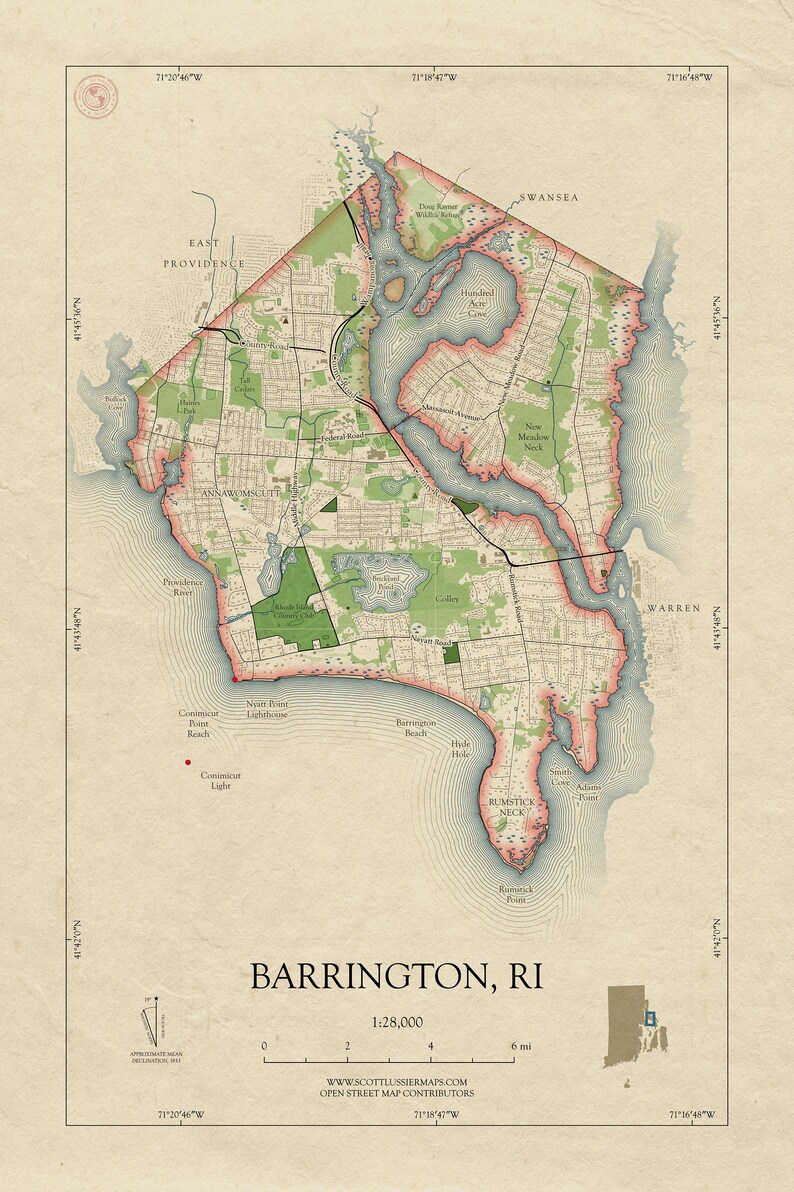 Map Of Rhode Island City Map Print Barrington Cranston Warwick Il Pbz7 