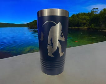 Engraved Fishing Bigfoot Tumbler/ Double Sided Design/ 20 oz Tumbler/ Slider Lid/ Fishing Sasquatch Tumbler/ Available Personalized