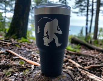 Engraved Fishing Bigfoot Tumbler/ Double Sided Design/ 30 oz Tumbler/ Slider Lid/ Fishing Sasquatch Tumbler