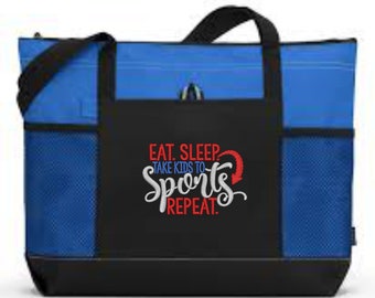 Embroidered Sports Mom Tote Bag/ Sports Mom Bag/ Eat Sleep Take Kids To Sports Repeat Sports Bag/ Embroidered Sports Bag/ Sports Mom Gift
