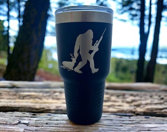 Engraved Hunting Bigfoot Tumbler/ Double Sided Design/ 30 oz Tumbler/ Slider Lid/ Hunting Sasquatch Tumbler