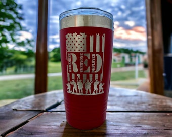 RED Deployed Tumbler/ Remember Everyone Deployed Flag/ Patriotic Flag/ Engraved Double Sided Design/ Flag Tumbler/ 20 oz Tumbler/Sample Sale