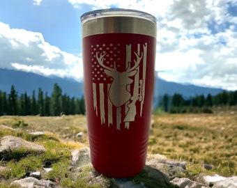 Red Deer Hunter Tumbler/ Deer Hunter Flag/ Deer Hunter Gift/ Engraved Tumbler/ Double Sided Design/ Available Personalized/ 20 oz Tumbler
