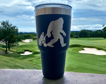 Engraved Golfing Bigfoot Tumbler/ Double Sided Design/ 30 oz Tumbler/ Slider Lid/ Golfing Sasquatch Tumbler