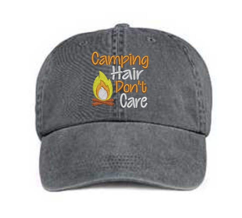 Embroidered Camping Hair Hat/ Campfire Camping Hair Don't Care Hat/ Messy Hair Hat/ Camping Hat/Pigment Dyed Camping Hat/ Distressed Camping image 1