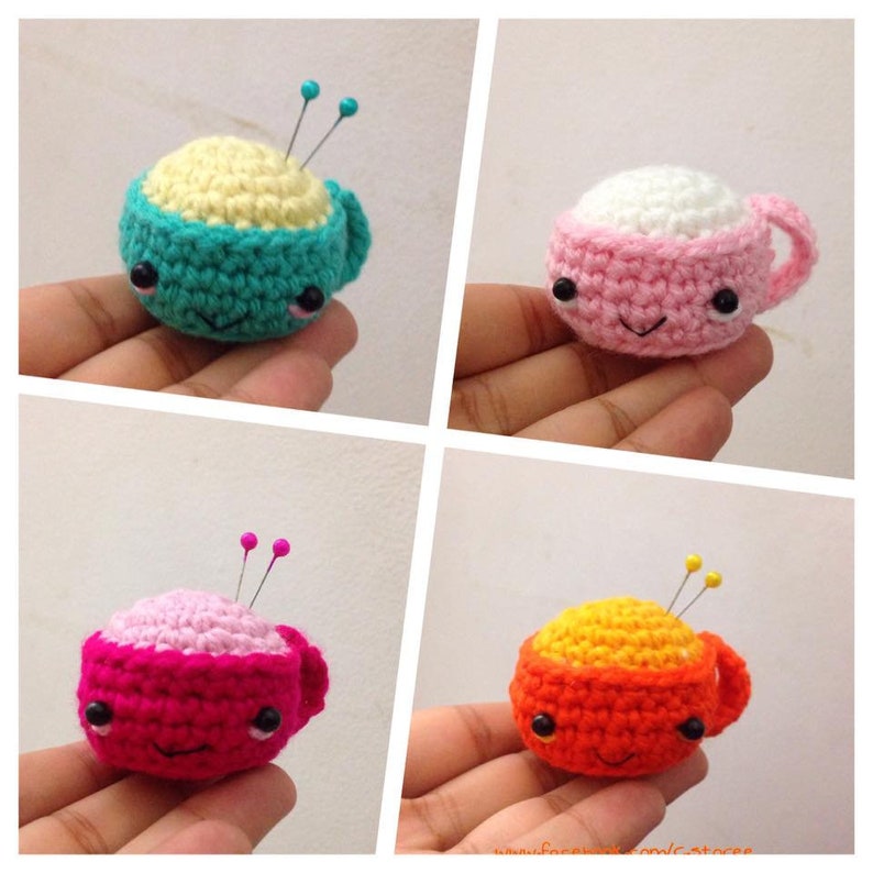 Tea Cup Pin Cushion Aimigurumi Crochet Pattern 3 sizes Milk Juice mug