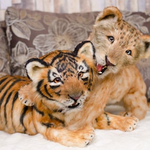 Handmade Poseable Lion or Tiger Cub Plush: Realistic Wildlife Art Doll