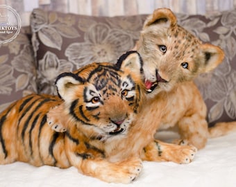 Handmade Poseable Lion or Tiger Cub Plush: Realistic Wildlife Art Doll