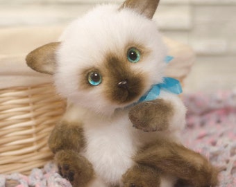 Handmade Plush Kitten Toy: Realistic Siamese Cat Stuffed Animal (Made to Order)