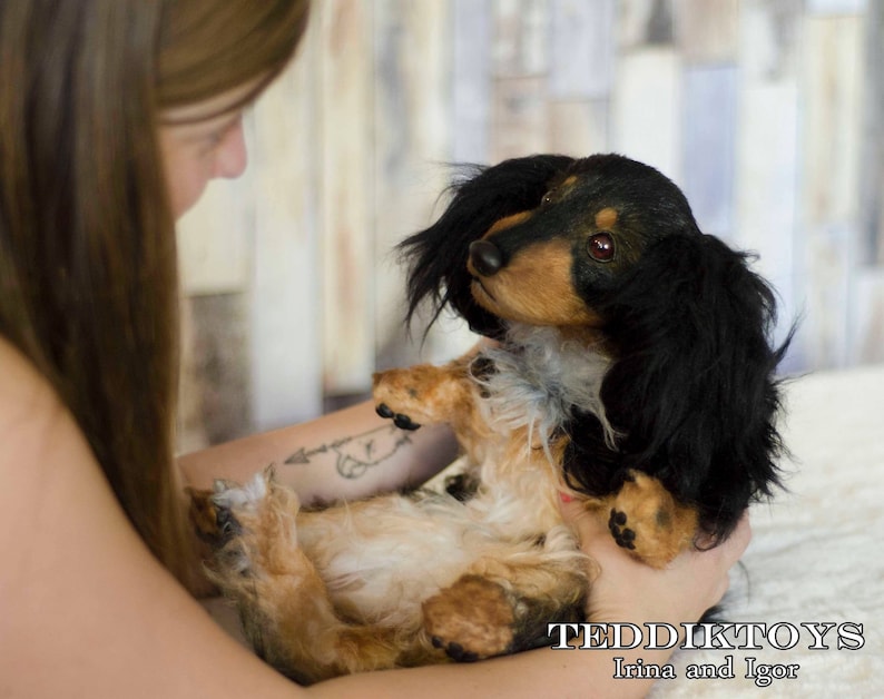 May include: A woman holds a handmade dachshund dog plush toy. The toy has black and brown fur, a long snout, and floppy ears. The toy is made with realistic details and is a great gift for dog lovers.