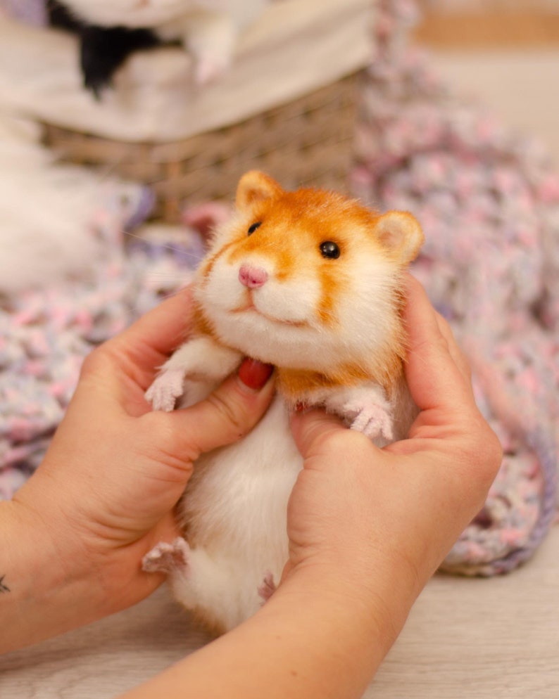 May include: A close-up of a small, orange and white hamster plush toy being held by two hands. The hamster has a pink nose and black eyes.