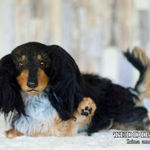 May include: A black and brown dachshund plush toy with a paw print on its leg. The toy has a long, black snout and brown eyes. The toy is lying on a white surface.