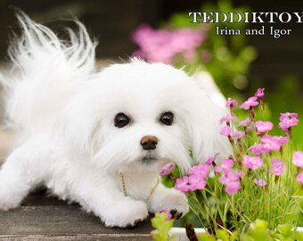 手作りのぬいぐるみマルチーズ犬：ポーズを変えられるテディベア
