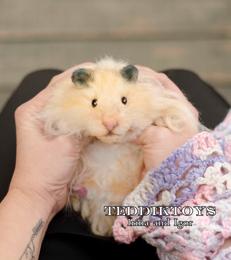 May include: A close-up of a small, fluffy, cream-colored hamster with black eyes and dark gray ears. The hamster is being held by two hands, and the text "TEDDIKTOYS Irina and Igor" is visible in the lower right corner of the image.