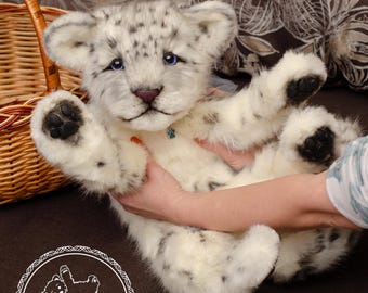 Handmade Snow Leopard Stuffed Toy: Posable Plush Portrait Pet