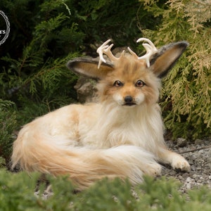 Handmade Faux Fur Fox Toy: Posable Forest Animal with Horns