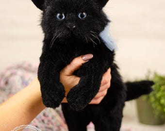 Black kitten, realistic faux fur plush toy