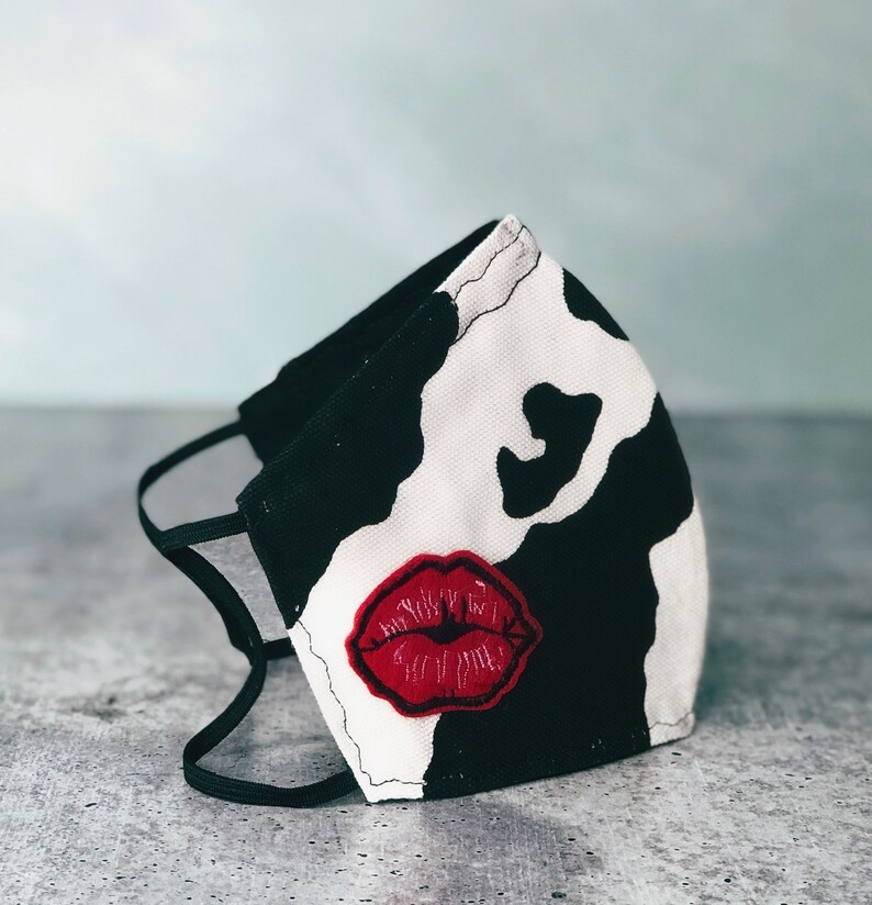 Black and white Face mask with lips embroidered for women or Etsy