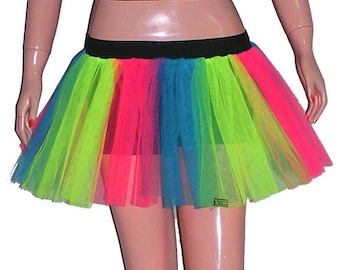 Multi Rainbow Neon UV Stripe Tutu Skirt For Dance Party Ruffled Tulle Skirt adult