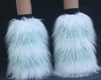 Light Blue white Fluffy Legwarmer Boot cover Leg warmer m Party Ruffled Skirt adult costume women girls Rave Christmas