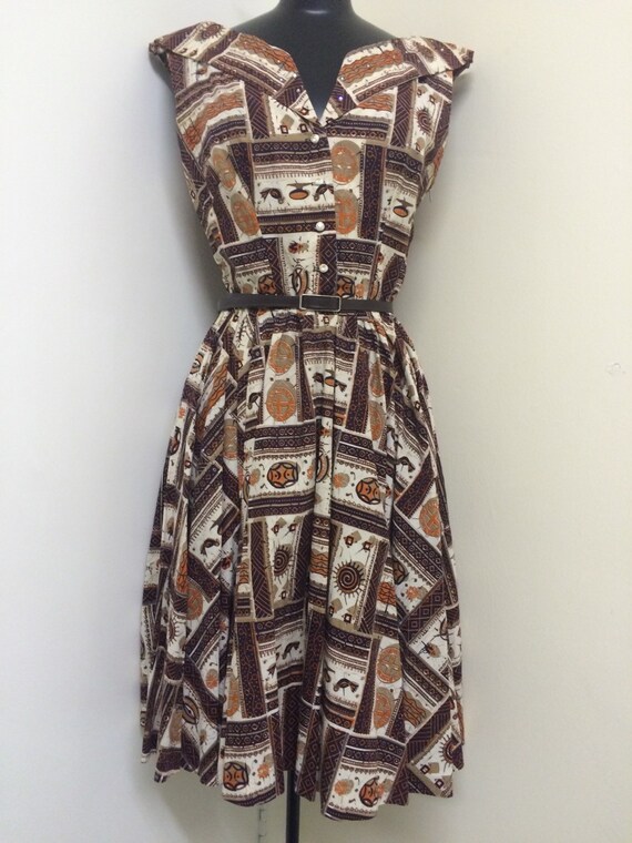 1950s Vintage Tribal Tiki Full Skirt Off Shoulder