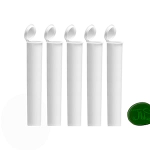 May include: Five white plastic tubes with lids open, arranged in a row. The tubes are empty and have a smooth, cylindrical shape. A green round sticker with the text "THIS" is in the lower right corner of the image.