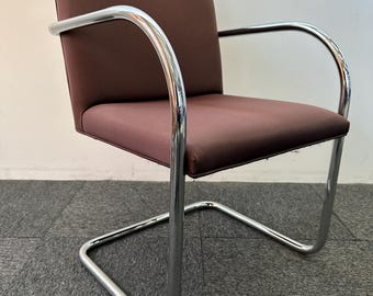 Midcentury Brno Chair by Mies van der Rohe: Brown Upholstery, Chrome Tubular Frame