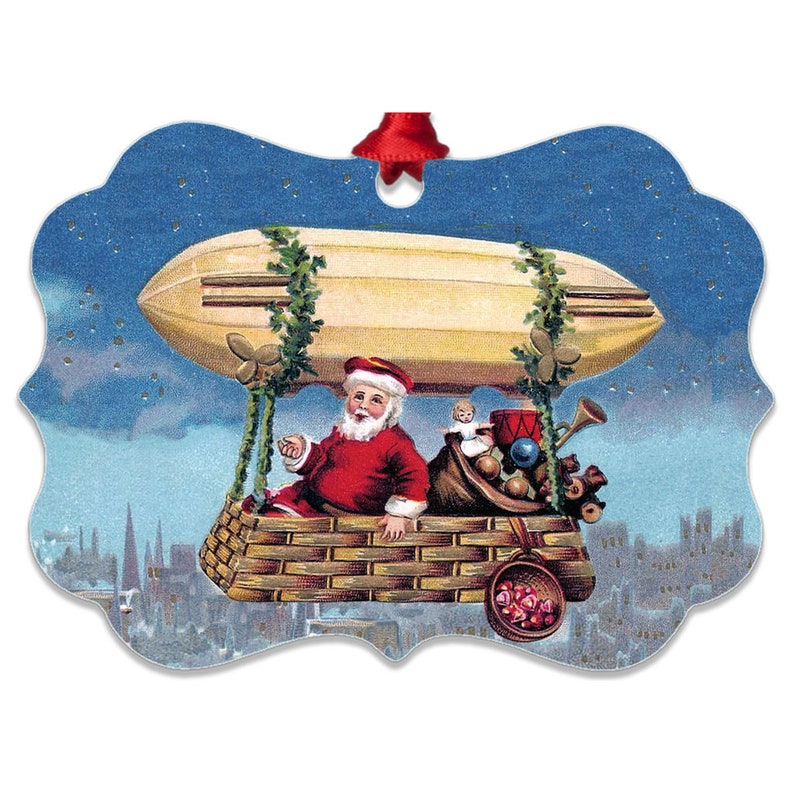 Santa In Zeppelin Ornament, Custom Recycled Aluminum, Metal, Flight, Blue, Red Benelux