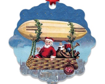 Santa In Zeppelin Ornament, Custom Recycled Aluminum, Metal, Flight, Blue, Red