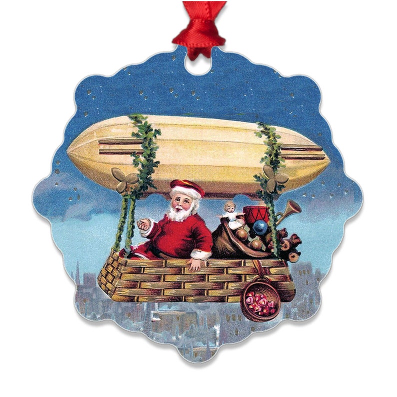 Santa In Zeppelin Ornament, Custom Recycled Aluminum, Metal, Flight, Blue, Red London