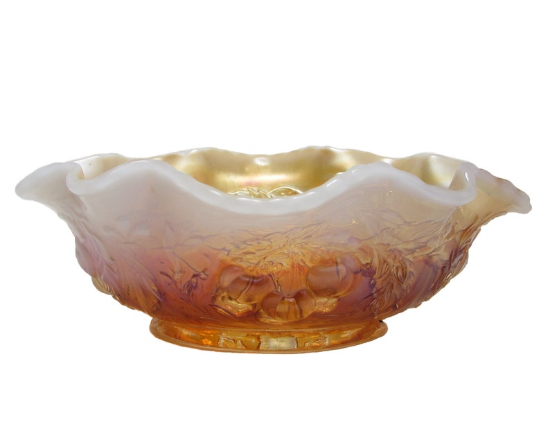 Art Deco Dugan Carnival Peach Opal Slag Glass Berry Bowl Wreathed Cherry Oval