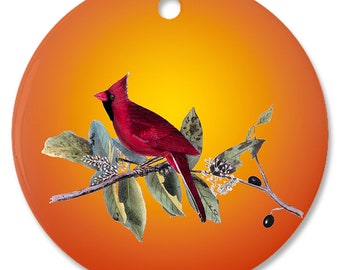 Cardinal, Audubon Birds, Male, Custom Porcelain Ornament, Flat Ceramic, Easy To Store, Rufous Red