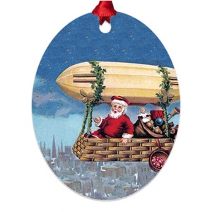 Santa In Zeppelin Ornament, Custom Recycled Aluminum, Metal, Flight, Blue, Red Oval
