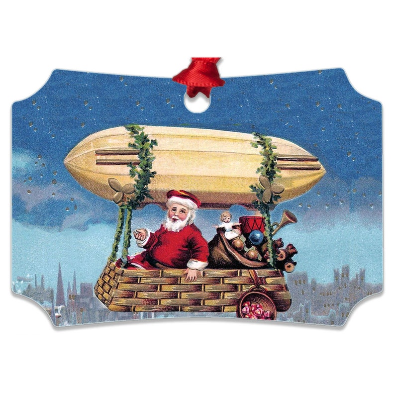 Santa In Zeppelin Ornament, Custom Recycled Aluminum, Metal, Flight, Blue, Red Berlin