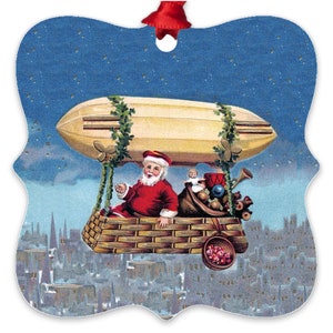 Santa In Zeppelin Ornament, Custom Recycled Aluminum, Metal, Flight, Blue, Red Prague