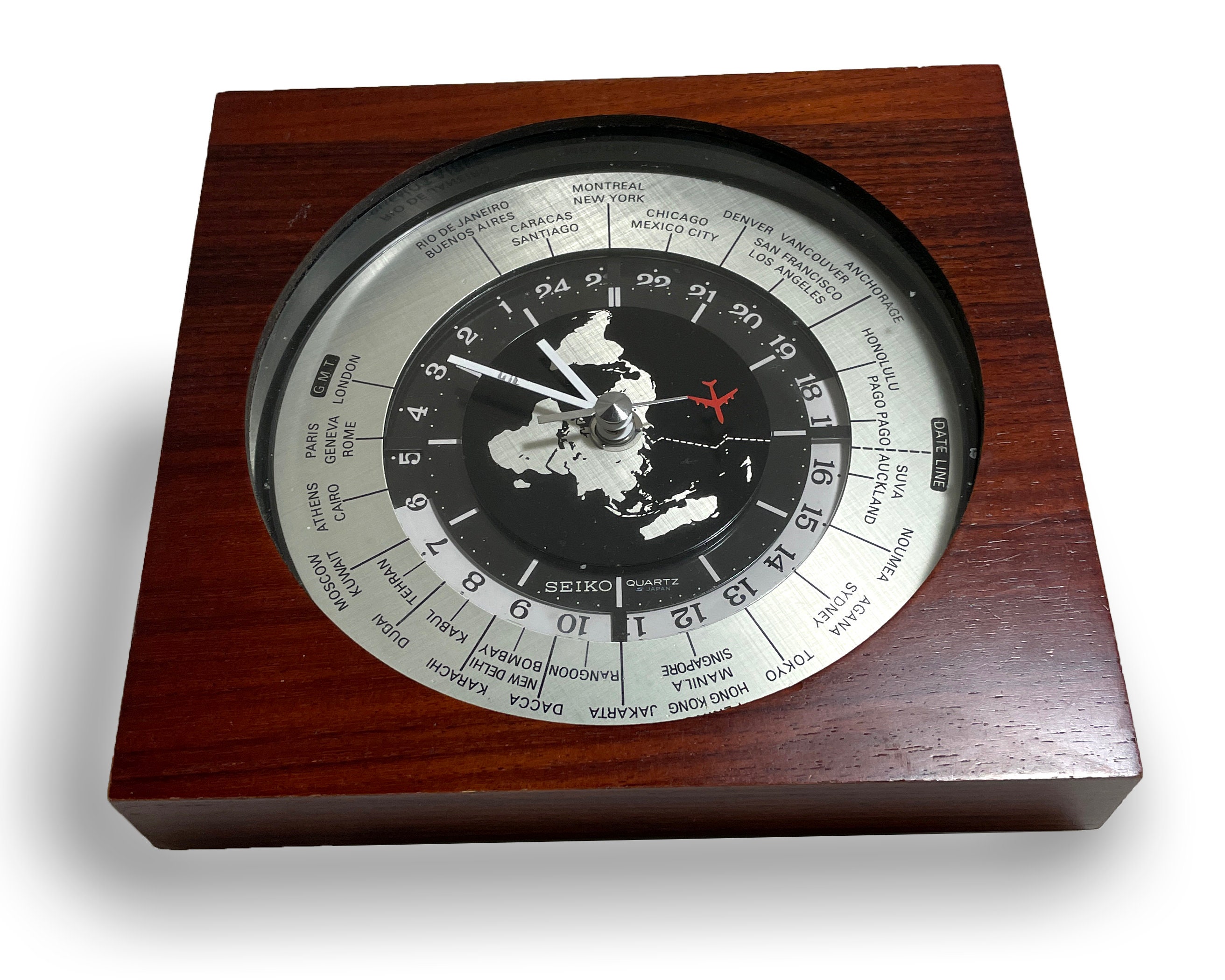 Seiko World Time Clock Red Jet Plane, Quartz Movement, Sweep Second Hand, Desk Clock, Executive